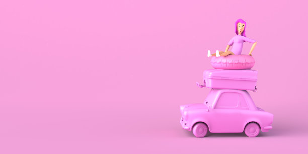 暑假概念车，手提箱和女人坐在充气环浮上。副本的空间。3 d演示。图片下载