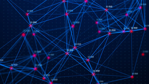 数据技术说明。大数据数字代码。黑色背景上的点和线的抽象连接。3 d图片下载