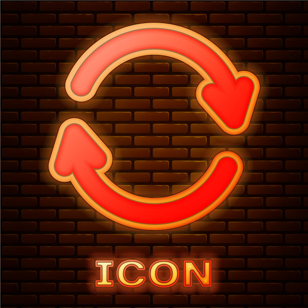 霓虹灯刷新图标孤立在砖墙上图片下载