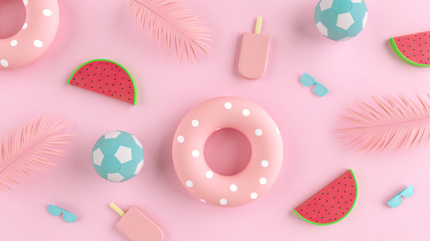 创意夏季海滩派对概念粉彩粉红色的背景。冰淇淋，球，西瓜，太阳镜，棕榈叶和漂浮的3D插图。图片下载