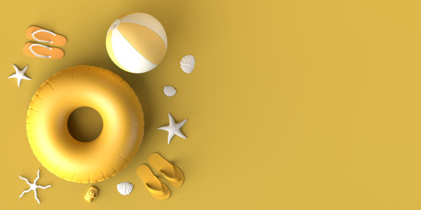 暑假概念充气海滩玩具，贝壳，人字拖和沙滩球。副本的空间。3 d演示。图片下载