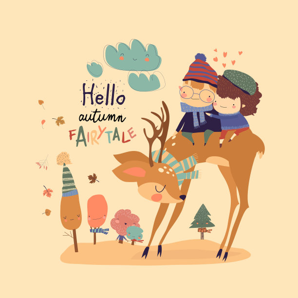 相爱的情侣坐在秋天森林里的鹿身上图片下载