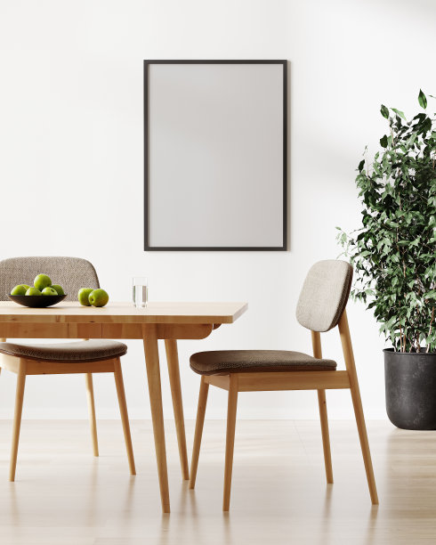 海报框架内部模型与桌子和椅子，3d渲染图片下载