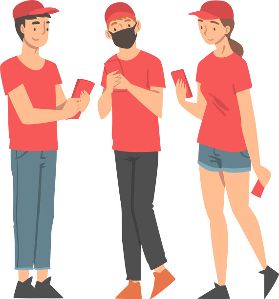 男男女女志愿者戴着红帽子分发图片下载