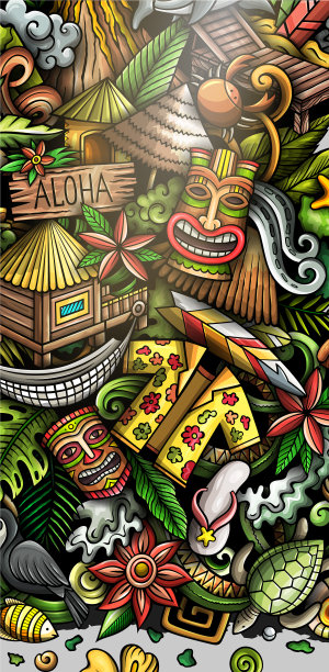 夏威夷手绘涂鸦横幅卡通详细图片下载