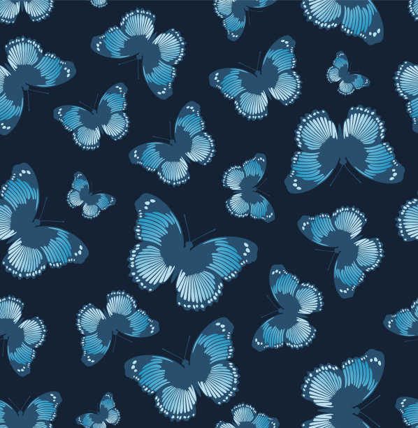 蓝色背景上的蓝色蝴蝶图案。适用于窗帘、墙纸、织物、包装纸等。图片下载