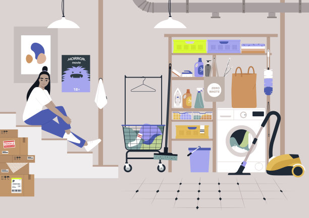 地下室的家庭储藏室，洗衣和清洁用具，洗涤剂，水桶和篮子，一个年轻的亚洲女性角色坐在楼梯上图片下载