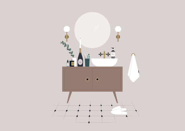 室内有一间老式浴室，瓷砖地板，圆形镜子，没有人图片下载