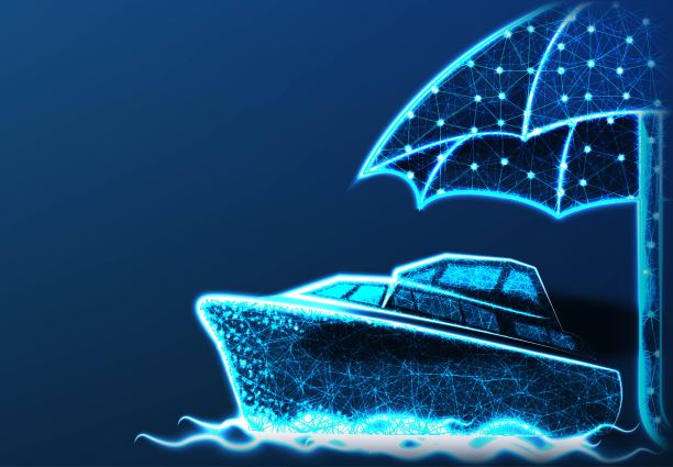 旅行的概念。用伞和船从线和点。低聚线框网格设计。矢量插图。蓝色背景图片下载