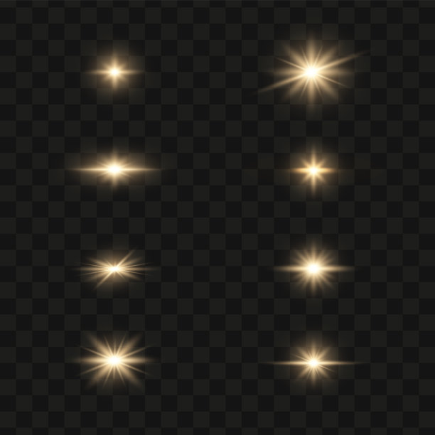 一套明亮的黄金闪光，灯光和火花在一个透明的背景。抽象的闪光与发光的线，日出，闪亮的金色星星。射线闪光的边界。图片下载