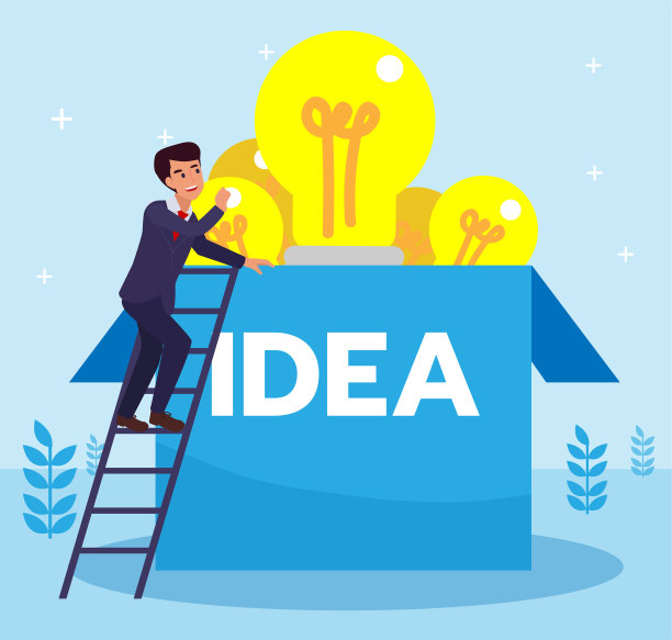 寻求创意的商人。商人爬到盒子上面寻找创意。平面设计矢量图图片下载