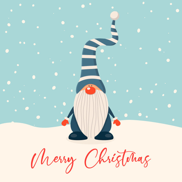 圣诞快乐的明信片。矢量圣诞可爱的侏儒与帽子在平的风格。设计模板圣诞快乐和新年快乐卡。卡通孩子的角色-有趣的侏儒图片下载