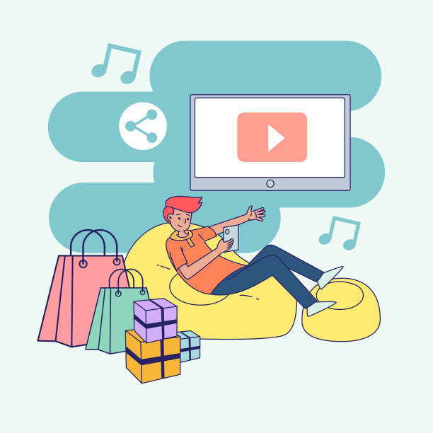 大孤立的年轻人躺在黄色的沙发上播放youtube上的视频和音乐。卡通人物矢量插图。图片下载