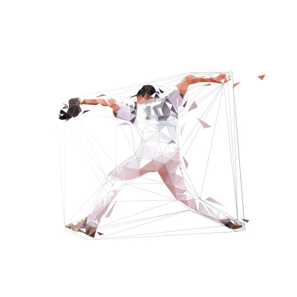 棒球投手扔球，孤立低多边形矢量插图，几何绘图。棒球运动员图片下载