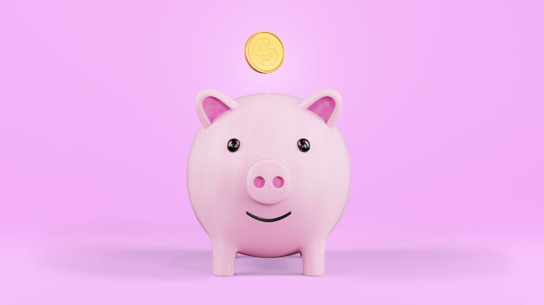 粉红色的存钱罐和一枚金币在空中。省钱的概念，横幅。粉红背景上的储蓄罐。3 d渲染。图片下载