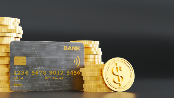 3D在线支付信用卡或借记卡的概念。黑色背景上有硬币的信用卡，图片下载