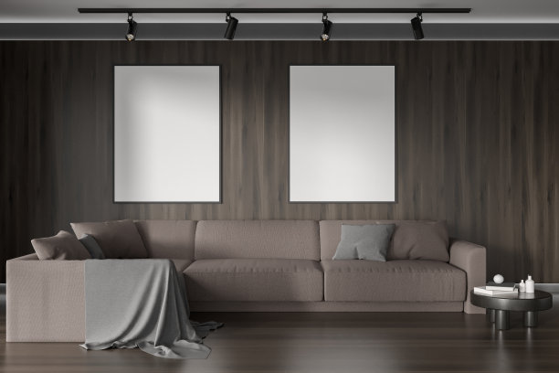 休息区内部有沙发，咖啡桌和模型框架图片下载