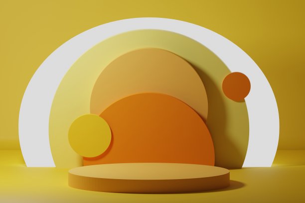 黄色橙色的几何讲台与发光的圆圈和极简元素背景3d插图图片下载