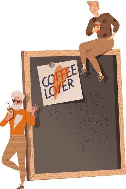 一个咖啡爱好者站在巨大的黑板旁图片下载