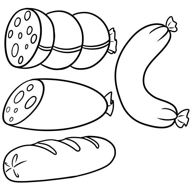单色插图，用于涂色书。一套插图与各种卡通风格的香肠图片下载