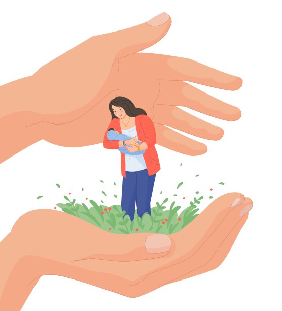 单身母亲的支持。人类安全，照顾出生的婴儿，给社会帮助独自年轻的母亲，安全的母亲，新生儿保护双手安全的单身父母，时髦的矢量插图图片下载