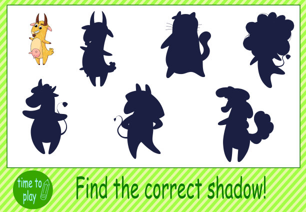 儿童的教育游戏，任务。找到狮子，牛，驴，猫，山羊，马的正确的影子。图片下载