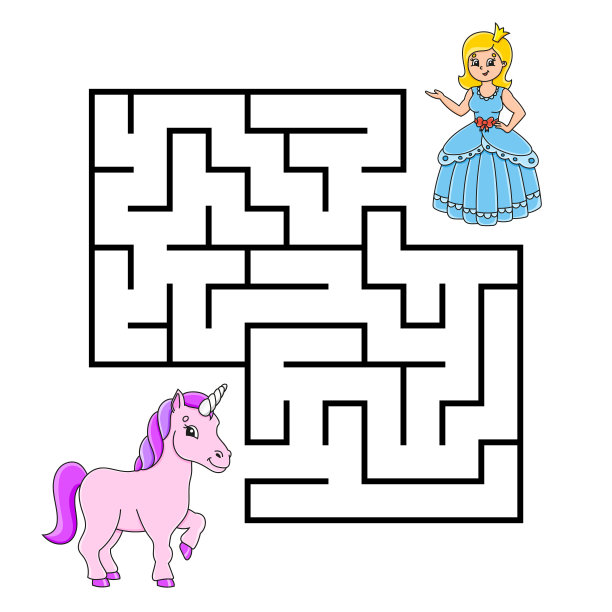 方形迷宫。游戏对孩子。对儿童拼图。迷宫难题。童话的主题。颜色向量插图。孤立的矢量图。卡通人物。图片下载