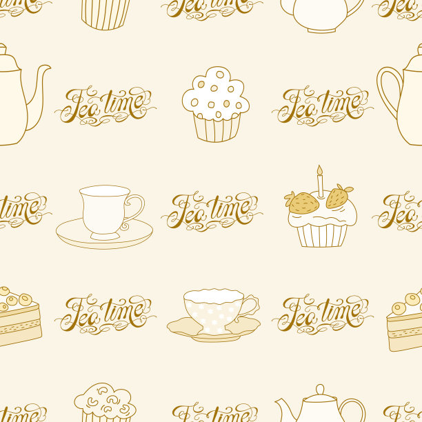茶时间手绘无缝图案与字母，茶杯和蛋糕在浅米色的背景。图片下载