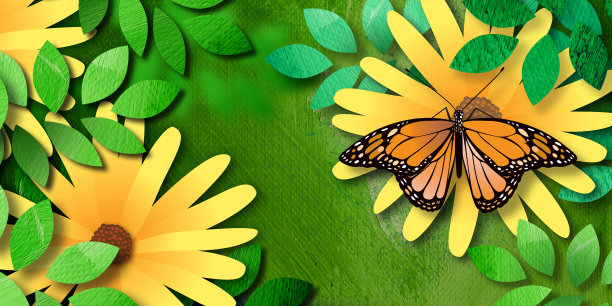 春天的蝴蝶与花和叶子的背景图形图片下载