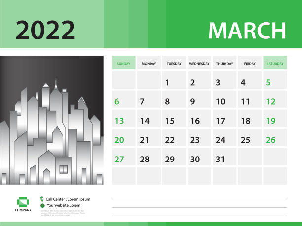 2022年3月-日历2022模板，台历2022年，星期开始星期日，墙日历设计，样本规划师，文具，海报，印刷媒体，绿色背景图片下载