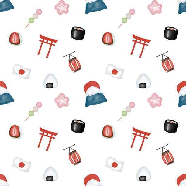 可爱无缝手绘水彩日本著名的东西图案背景。日本图标元素。图片下载