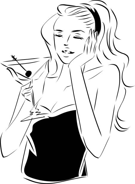 年轻女子喝马提尼线艺术图片下载