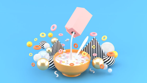 麦片和牛奶在蓝色背景的彩色球中。3 d渲染。图片下载