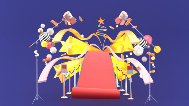 红地毯从紫色背景的彩带和星星中迸发出来。3 d渲染。图片下载