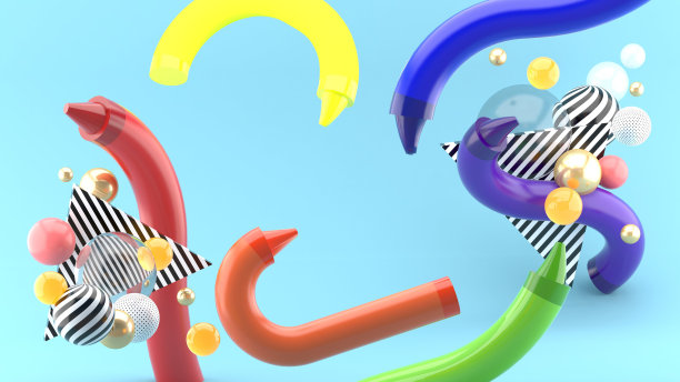 把蜡笔在蓝色背景的彩色球之间弯曲。3 d渲染。图片下载