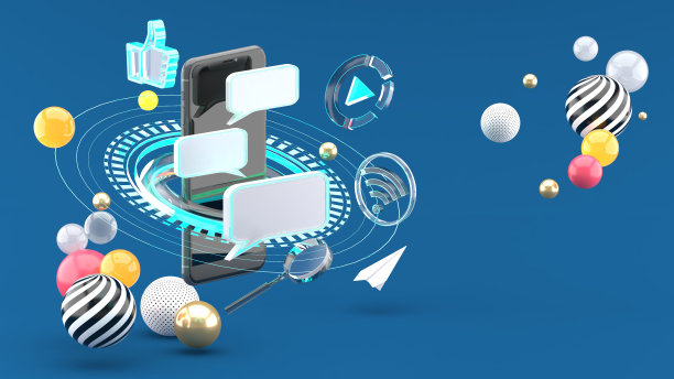 在蓝色背景的科幻圈子和社交媒体包围的智能手机上发送信息。3 d渲染。图片下载