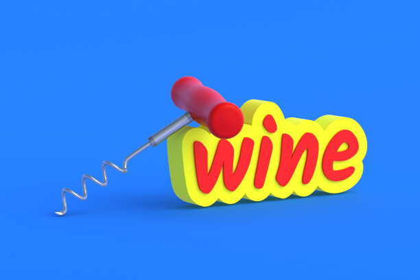 文字葡萄酒附近的软木塞开瓶塞蓝色背景。三维渲染图片下载
