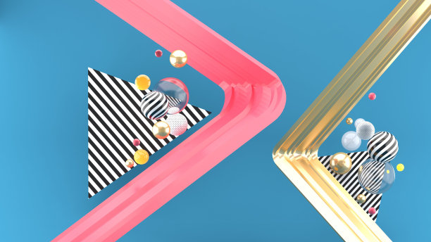 蓝色背景上彩色球体间的粉色边角和金色角-3D渲染素材图片