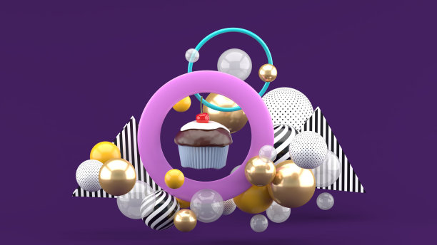 纸杯蛋糕位于紫色背景的彩色小球中间的圆圈中心。3 d渲染。图片下载