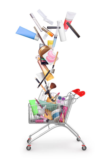 化妆品工具和化妆品从购物车掉落，与收据隔离图片下载