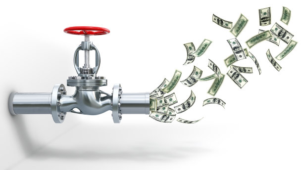 钱从水龙头里飞出来，管道概念，白色背景，3d插图图片下载
