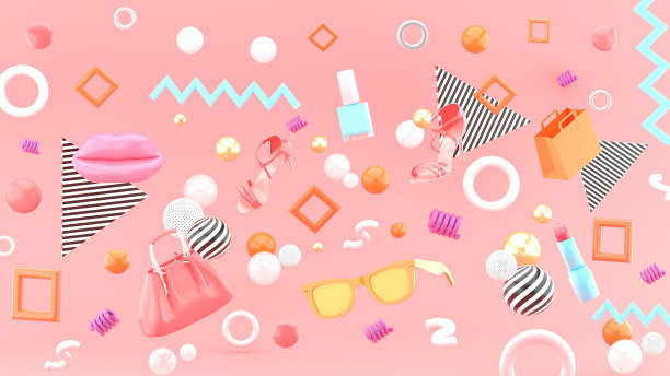 口红，高跟鞋，手袋，眼镜和购物袋漂浮在粉红色背景上的几何图案。3 d渲染。图片下载