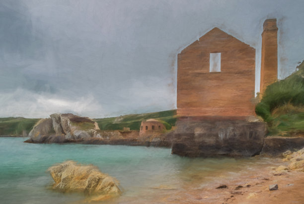 安格尔西岛波思文砖厂被遗弃的废墟的数字绘画。图片下载