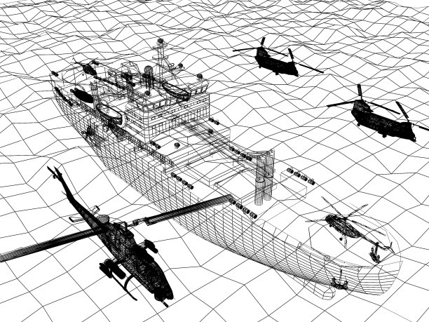 战舰与直升机三维线架在海上图片下载