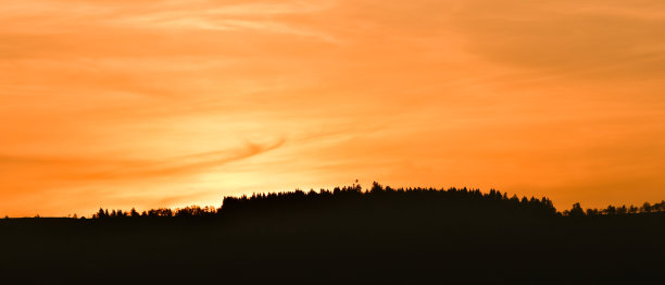 夕阳西下时，地平线上一片橙色的云，覆盖着森林。图片下载