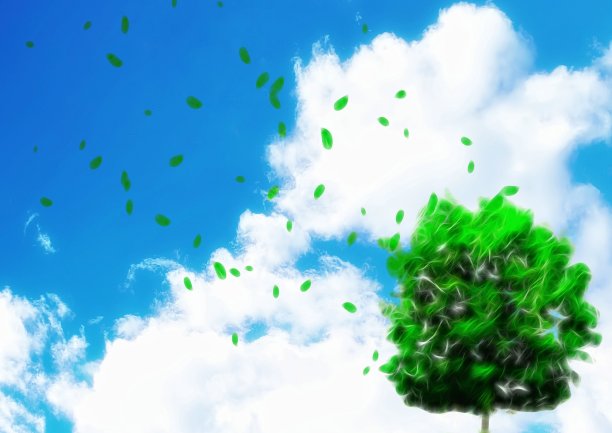 蓝天和孤立的绿树的插图图片下载