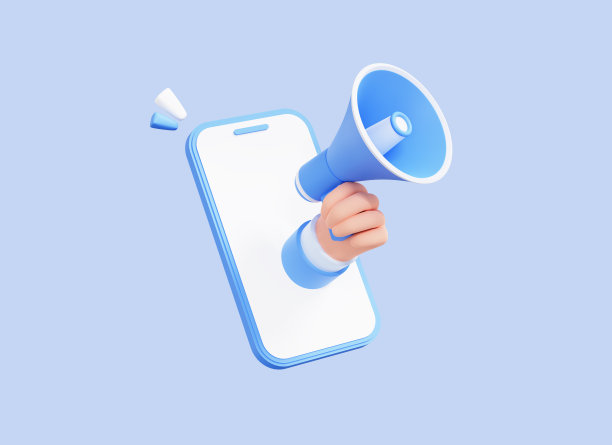 3D卡通手持扩音器从屏幕手机。智能手机和扬声器图标隔离在蓝色背景。社交媒体营销与推广。宣布通知。三维渲染图片下载