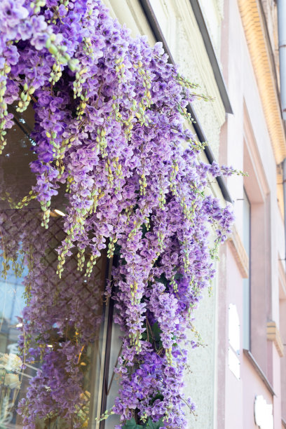 橱窗上装饰着紫色的人造飞燕草花。垂直照片,特写镜头。图片下载