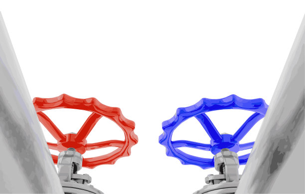 蓝色和红色阀门上的钢管向下视图孤立在白色背景上。逼真的矢量图工业。图片下载