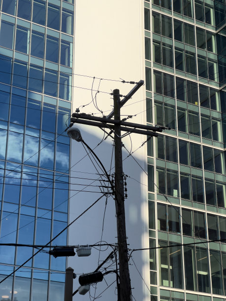 现代建筑前的电线杆图片下载